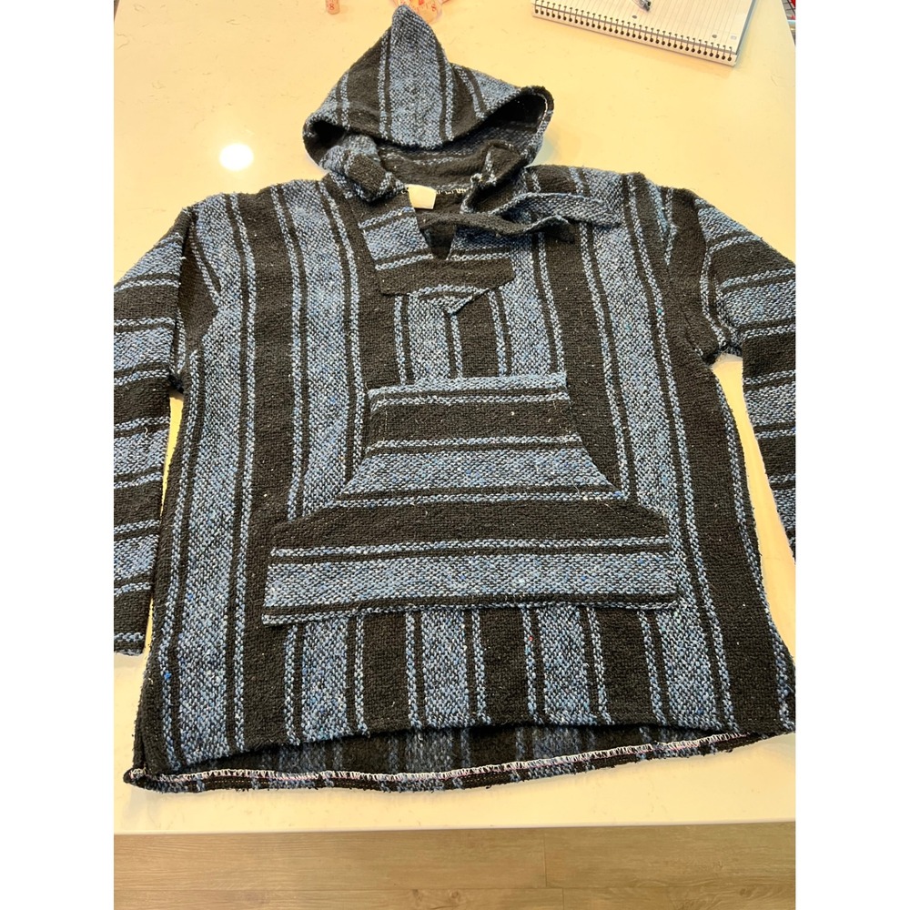 Baja Billys Hoody Poncho Blue Black Striped Jerga Hoodie Mens Medium Mexico
